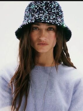 Black Sequin Bucket Hat with Iridescent Accents